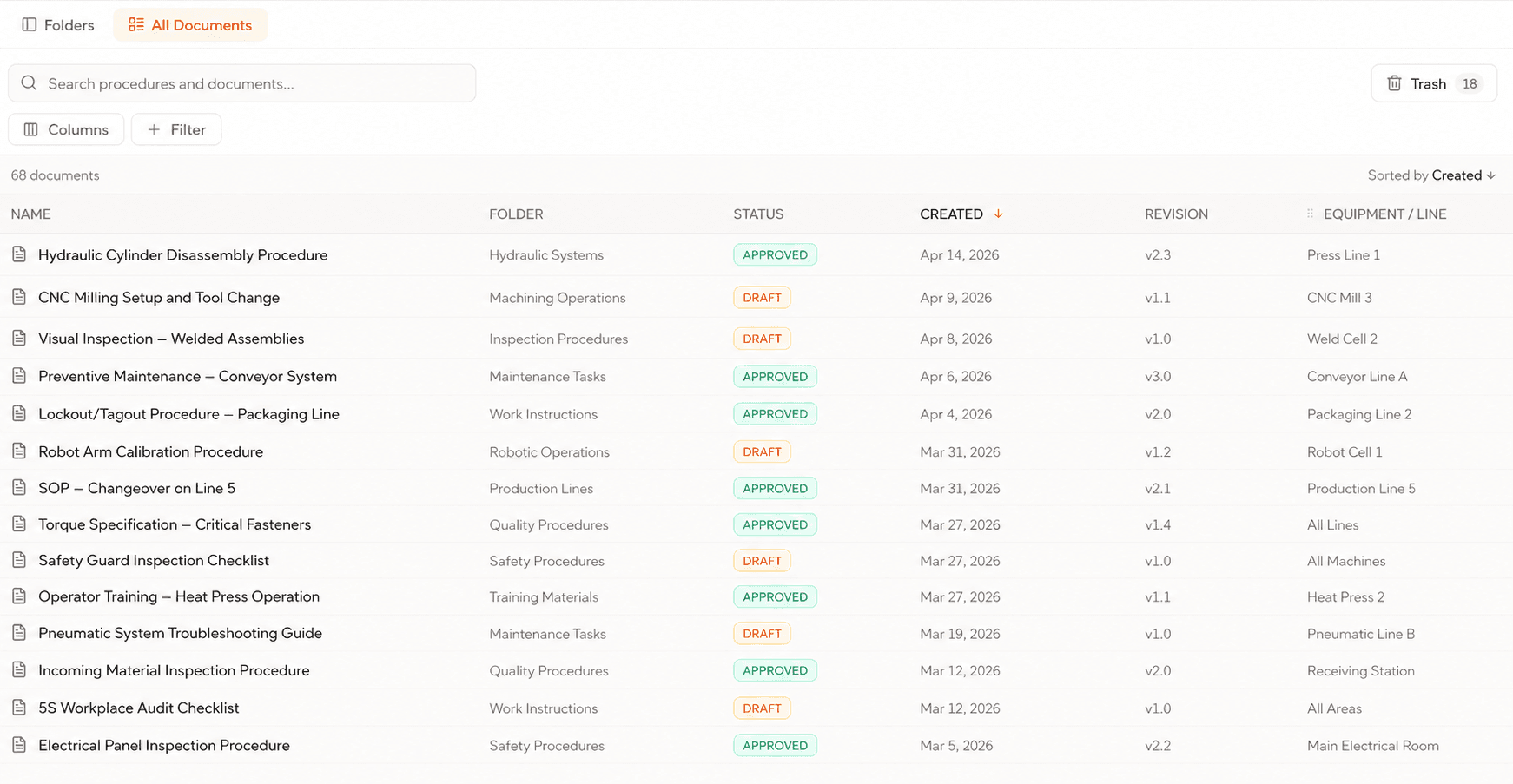 Soply Structure & Organize module showing a multi-machine documentation library